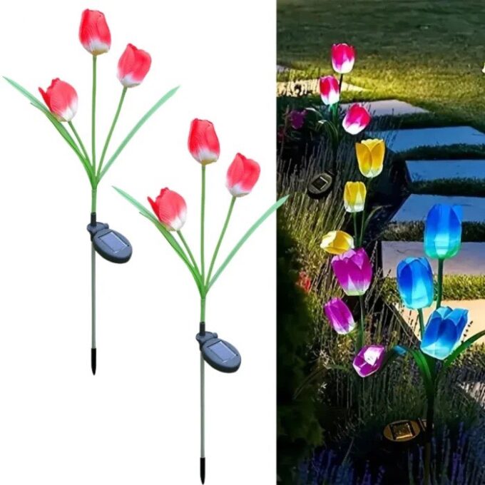 Set 2 Lampi Solare Decorative Tip Lalele Rosii cu LED M374-23, 70cm, Lumina Eleganta, Design Elegant si Functionare Automata 1 Set 2 Lampi Solare Decorative Tip Lalele Rosii cu LED M374-23, 70cm, Lumina Eleganta, Design Elegant si Functionare Automata