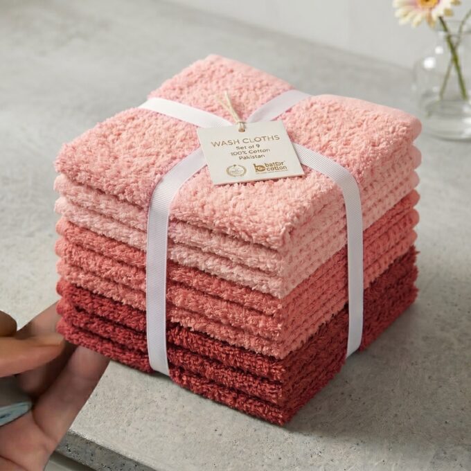 Set 9 prosoape mici 30x30cm, din 100% bumbac pakistanez, 350g, Rice, Roz