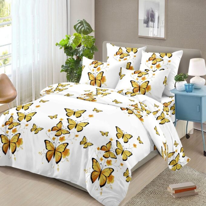 Lenjerie pat dublu, 4 piese, microfibra, Pucioasa, crem, flori si fluturi 1 Lenjerie pat dublu, 4 piese, microfibra, Pucioasa, crem, flori si fluturi