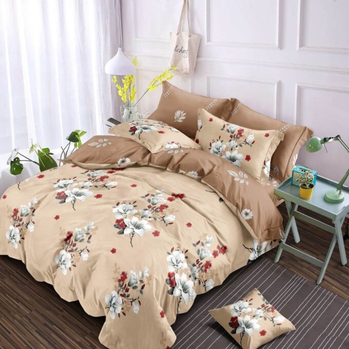Lenjerie pat dublu, Finet, 6 piese, Bej, flori 1 Lenjerie pat dublu, Finet, 6 piese, Bej, flori