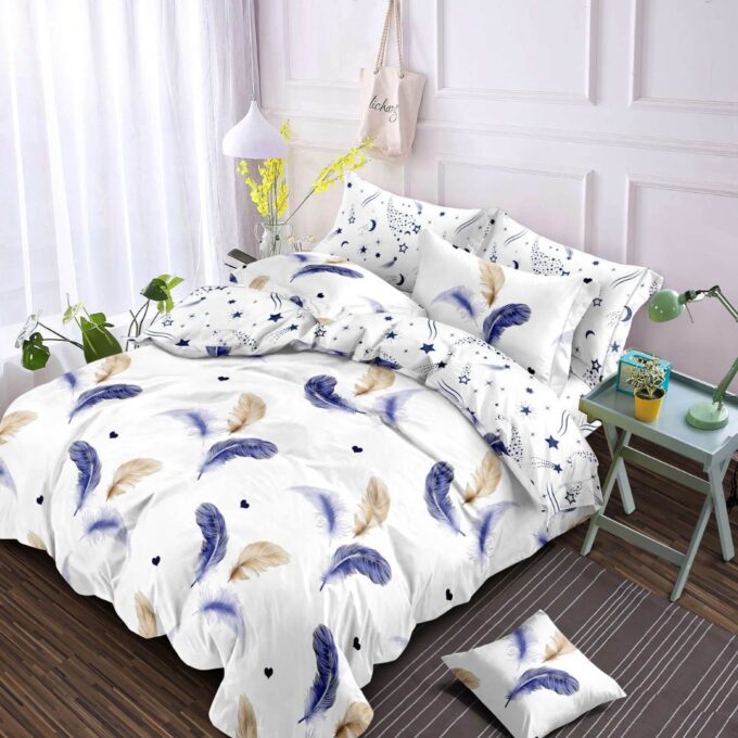 Lenjerie pat dublu, Finet, 6 piese, Alb, pene colorate 1 Lenjerie pat dublu, Finet, 6 piese, Alb, pene colorate