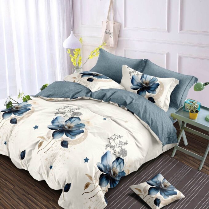 Lenjerie pat dublu, Finet, 6 piese, Crem, Albastru, flori 1 Lenjerie pat dublu, Finet, 6 piese, Crem, Albastru, flori