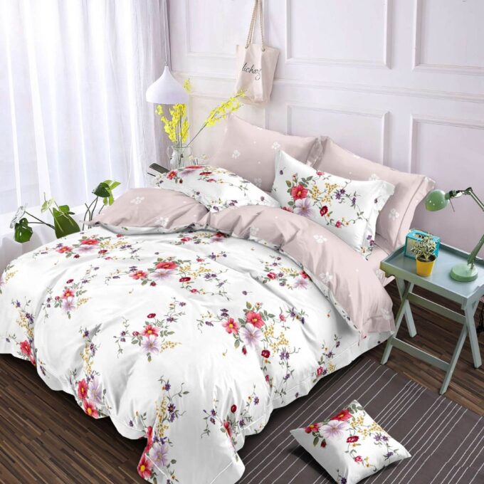 Lenjerie pat dublu, Finet, 6 piese, Alb, Roz, flori