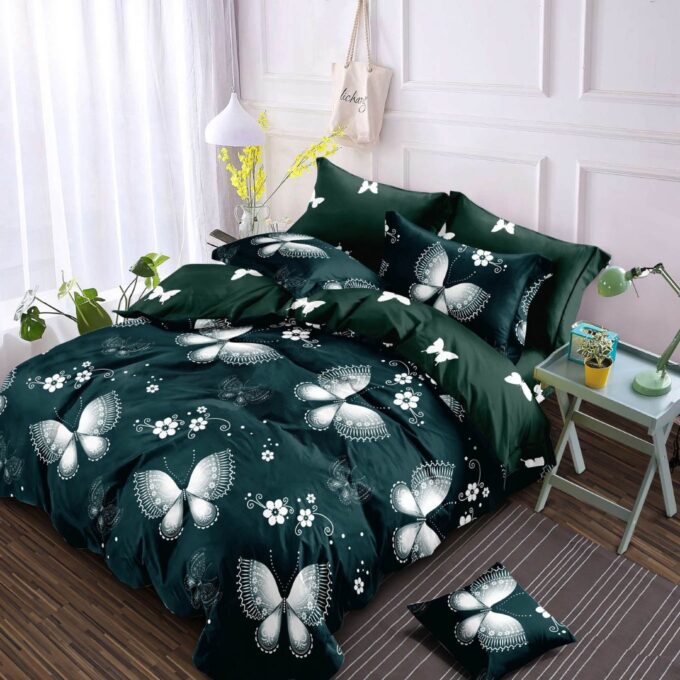Lenjerie pat dublu, Finet, 6 piese, Verde, fluturi 1 Lenjerie pat dublu, Finet, 6 piese, Verde, fluturi