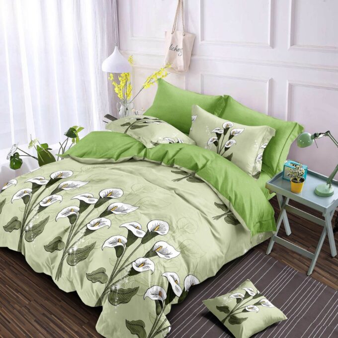 Lenjerie pat dublu, Finet, 6 piese, Verde, flori albe