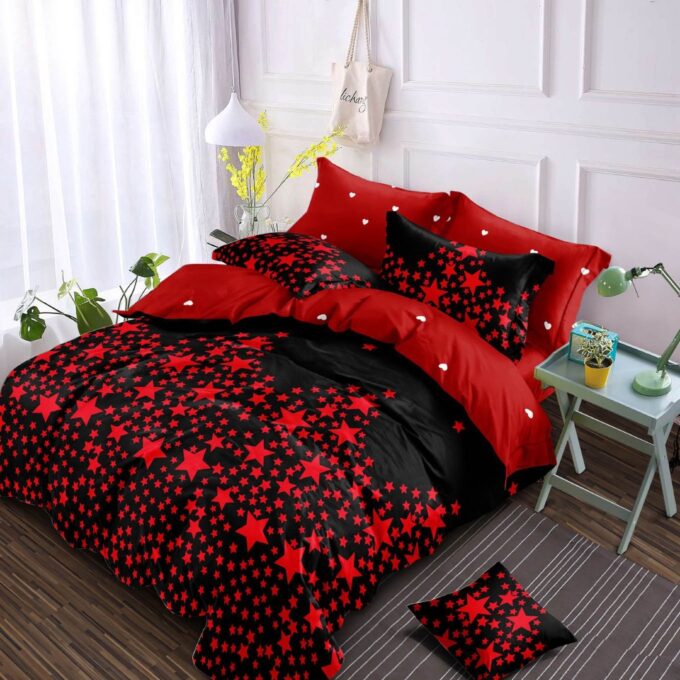 Lenjerie pat dublu, Finet, 6 piese, Negru, Rosu, stelute