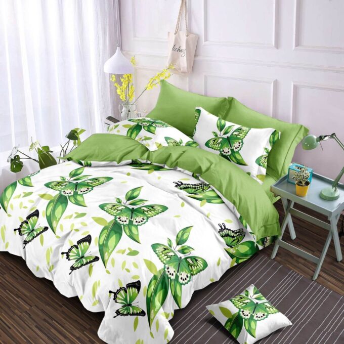 Lenjerie pat dublu, Finet, 6 piese, Alb, Verde, fluturi