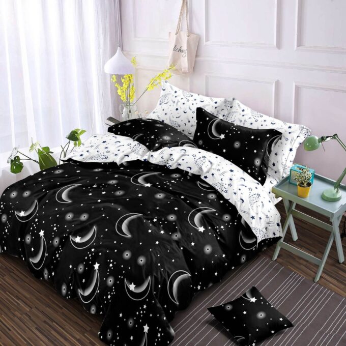 Lenjerie pat dublu, Finet, 6 piese, Alb, Negru, stelute si luna