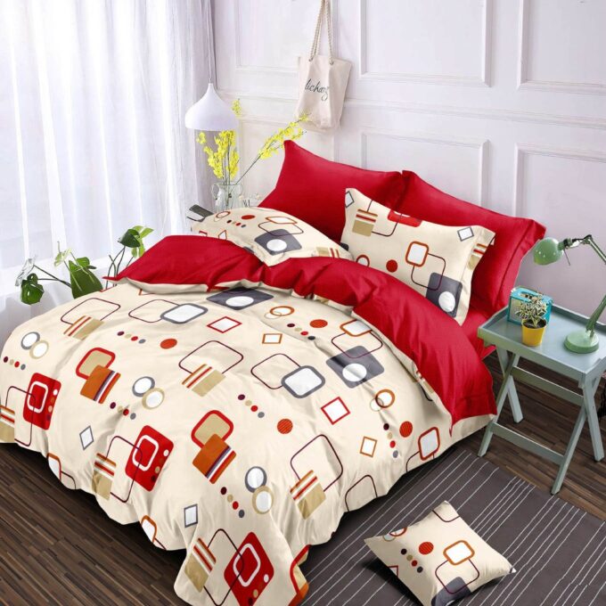 Lenjerie pat dublu, Finet, 6 piese, Bej, Rosu, forme geometrice 1 Lenjerie pat dublu, Finet, 6 piese, Bej, Rosu, forme geometrice