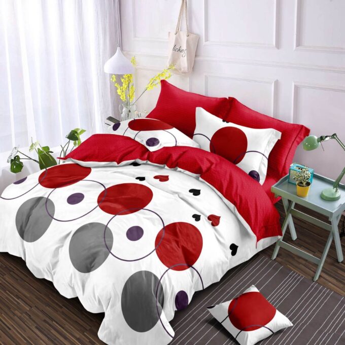 Lenjerie pat dublu, Finet, 6 piese, Alb, Rosu, buline