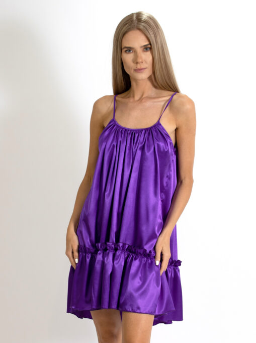 Rochie Sweet cu bretele, cu croi lejere din Satin mov 1 Rochie Sweet cu bretele, cu croi lejere din Satin mov