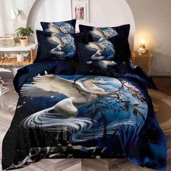 Lenjerie pat single,  FINET, Imprimeu Digital - Identic cu poza, 4 piese, cu ELASTIC, Jojo Home, Alb-Bleumarin, unicorn