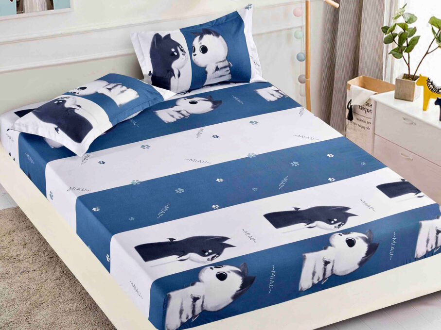 Cearsaf cu elastic, Bumbac FINET, 160/180x200cm, 2 fete de perne 50x70cm, Jojo Home, Alb-Bleumarin, pisicute