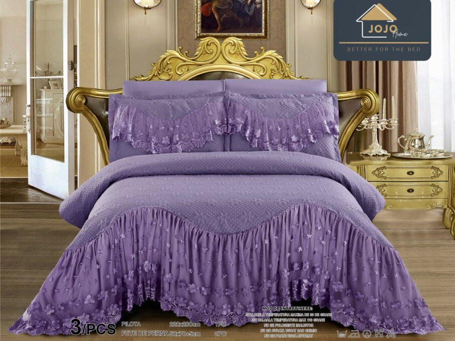 Cuvertura pat dublu, 3 piese, Bumbac Finet, 220x280cm, cu volanase si broderie, Jojo Home, Mov