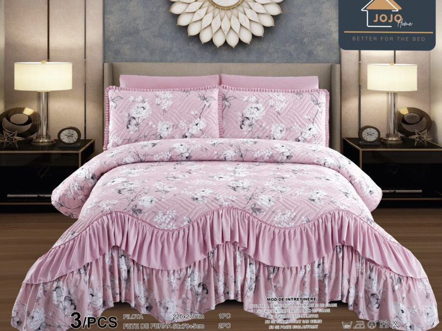 Cuvertura pat dublu, 3 piese, Bumbac Finet, 220x270cm, cu volanase, Jojo Home, Roz, flori