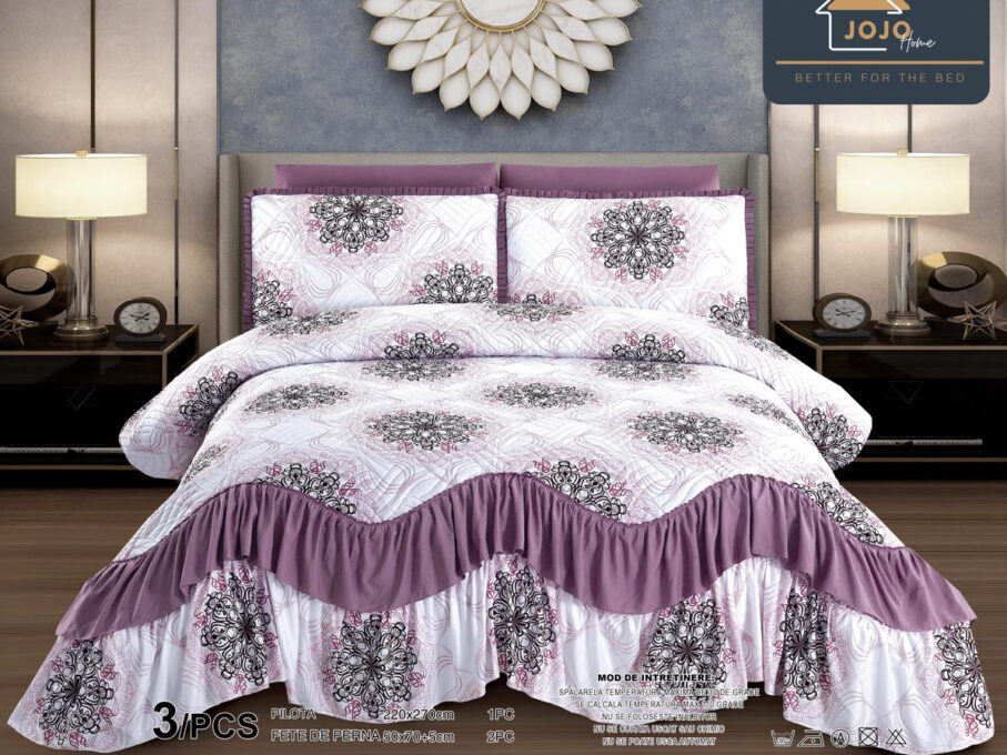 Cuvertura pat dublu, 3 piese, Bumbac Finet, 220x270cm, cu volanase, Jojo Home, Alb-Mov, model elegant
