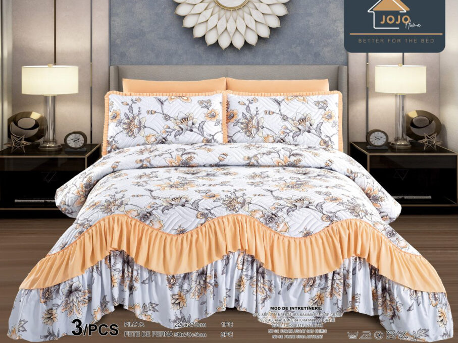 Cuvertura pat dublu, 3 piese, Bumbac Finet, 220x270cm, cu volanase, Jojo Home, Alb-Galben, flori