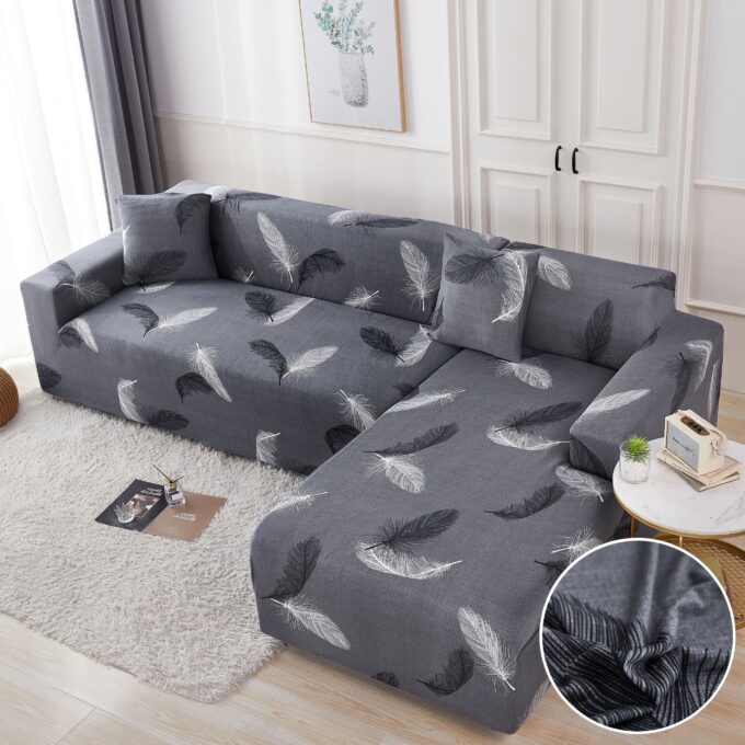 Set husa pentru coltar M + L, Elastica, Jojo Home, Gri-Negru, pene