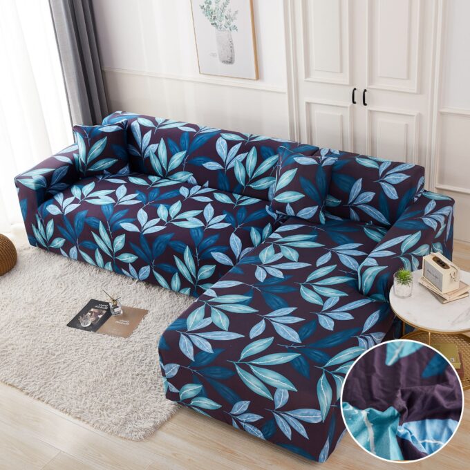 Set husa pentru coltar M + L, Elastica, Jojo Home, Albastru, frunze