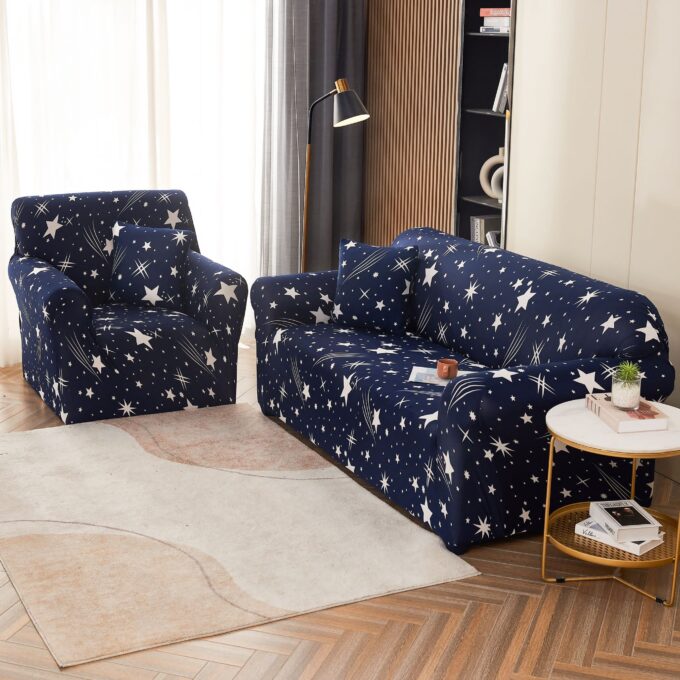 Husa Elastica Pentru Canapea 3 Locuri - L - Jojo Home, Bleumarin-Alb, stelute