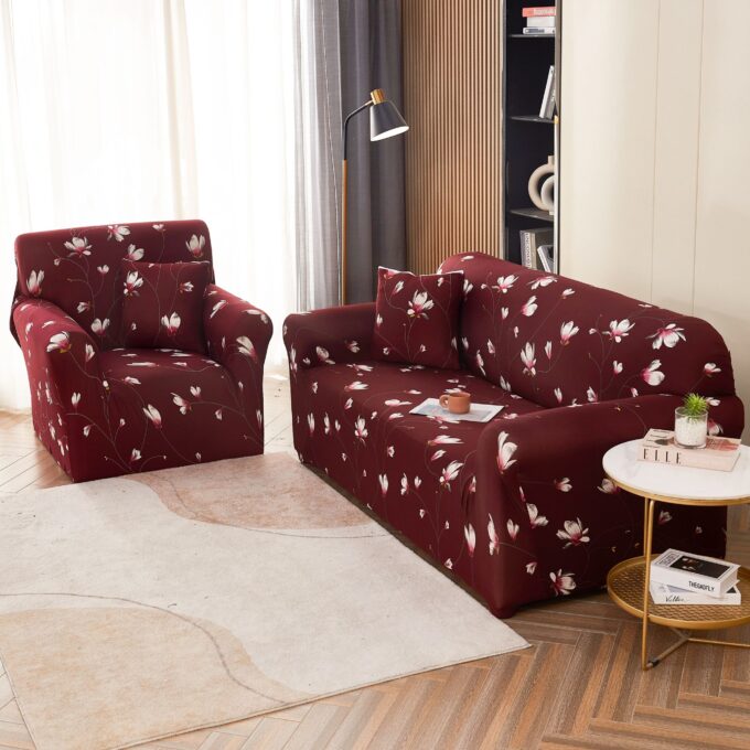 Husa Elastica Pentru Canapea 3 Locuri - L - Jojo Home, Visiniu, flori