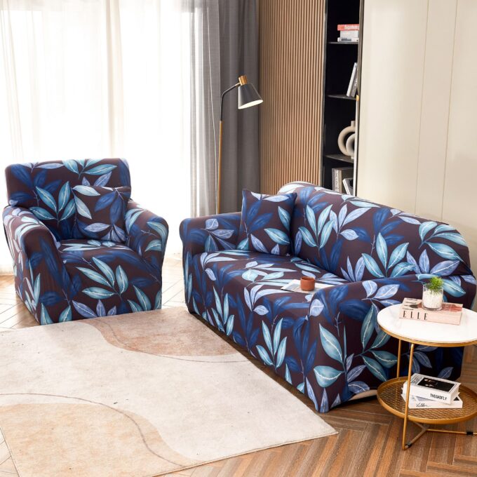 Husa Elastica Pentru Canapea 2 Locuri - M - Jojo Home, Albastru, frunze