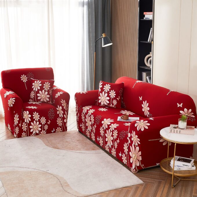 Husa Elastica Pentru Canapea 2 Locuri - M - Jojo Home, Rosu, flori