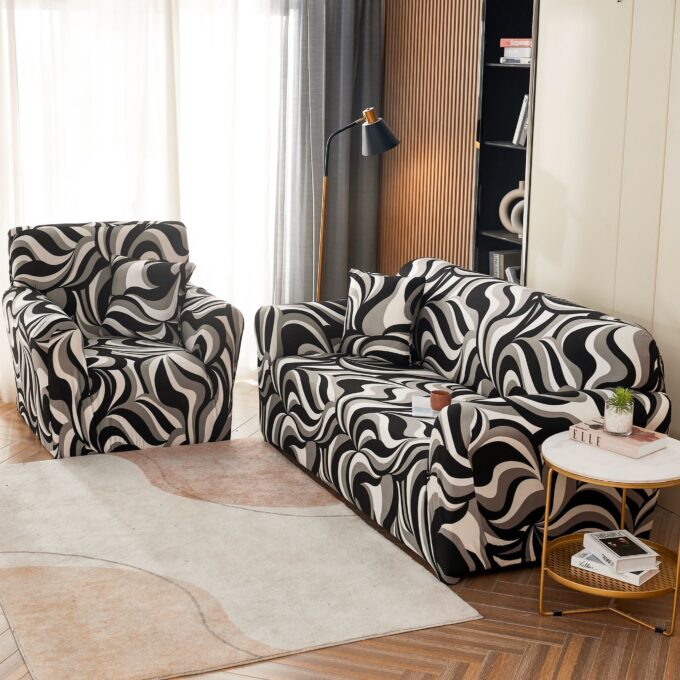 Husa Elastica Pentru fotoliu cu brate, Jojo Home, Alb-Negru, model clasic