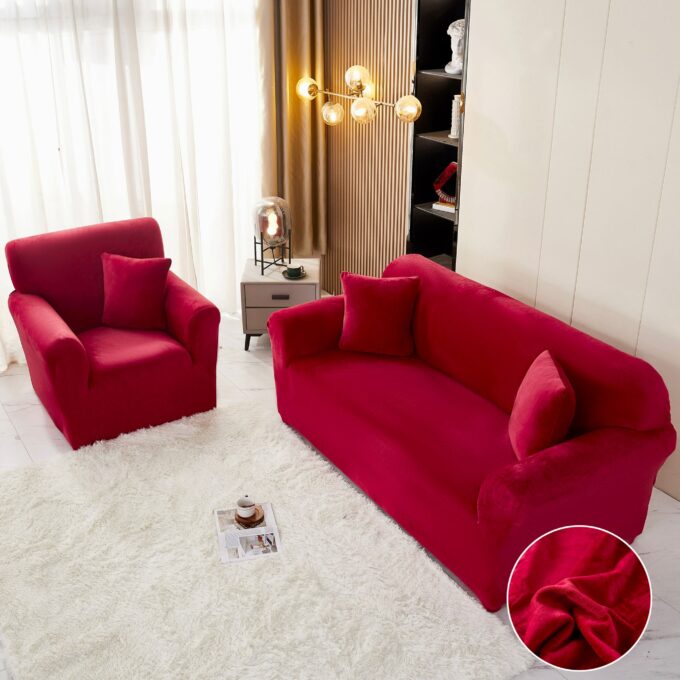 Husa Elastica, 180cm-230cm, pentru Canapea 3 Locuri - L - Jojo Home, Catifea, Rosu