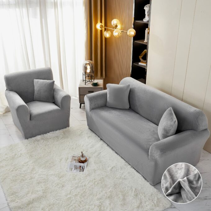 Husa Elastica, 180cm-230cm, pentru Canapea 3 Locuri - L - Jojo Home, Catifea, Gri deschis