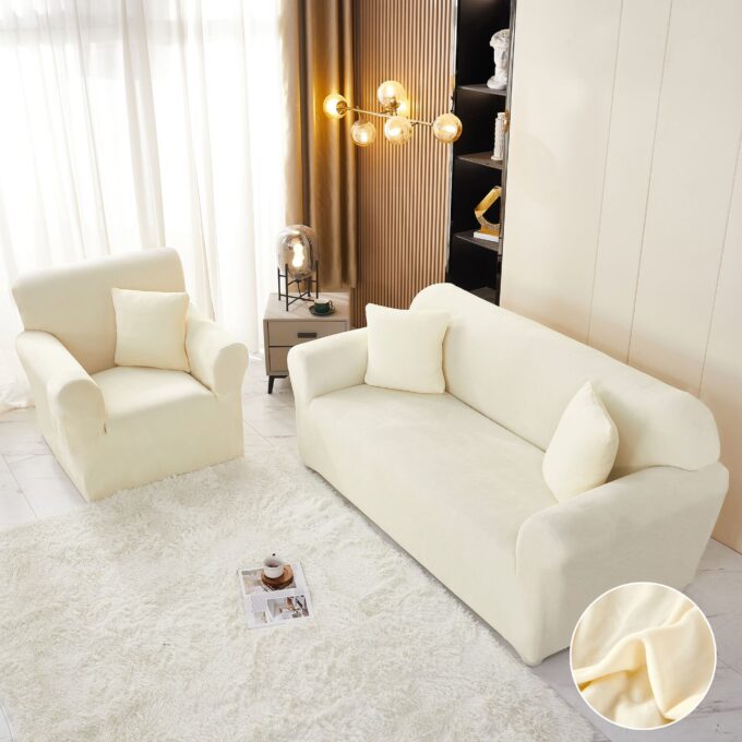 Husa Elastica, 130cm-180cm, pentru Canapea 2 Locuri - M - Jojo Home, Catifea, Crem