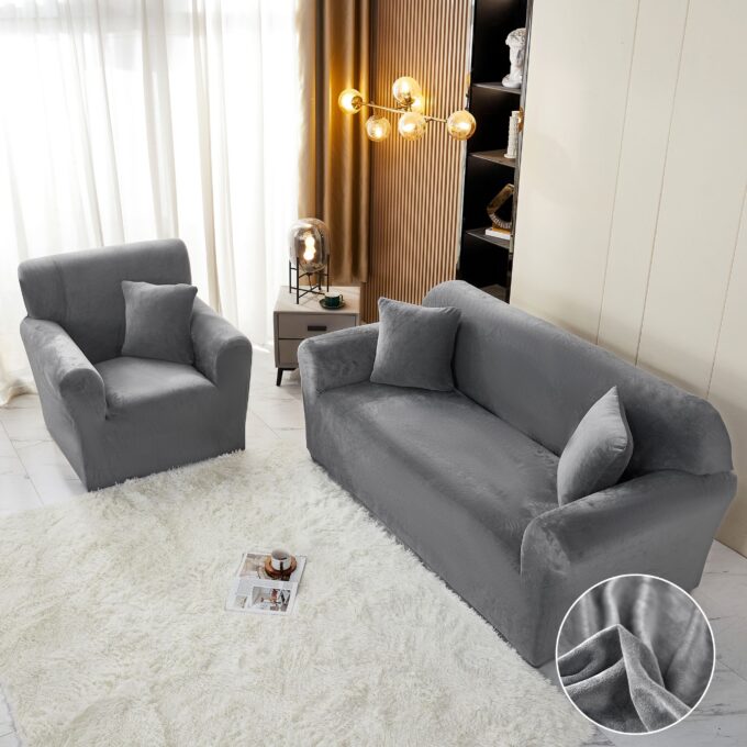 Husa Elastica, 130cm-180cm, pentru Canapea 2 Locuri - M - Jojo Home, Catifea, Gri inchis