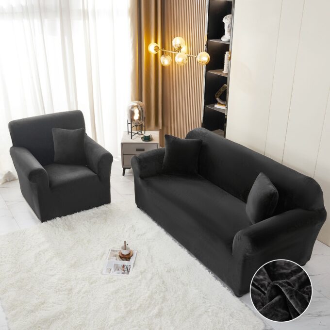 Husa Elastica, 130cm-180cm, pentru Canapea 2 Locuri - M - Jojo Home, Catifea, Negru