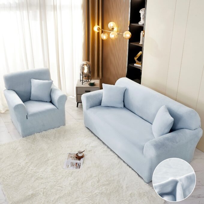 Husa Elastica, 130cm-180cm, pentru Canapea 2 Locuri - M - Jojo Home, Catifea, Bleu deschis
