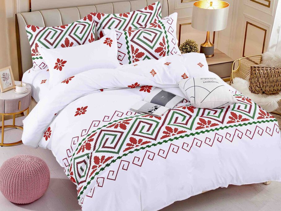 Lenjerie pat dublu, FINET, 6 piese, Jojo Home, Alb-Rosu, model traditional 1 Lenjerie pat dublu, FINET, 6 piese, Jojo Home, Alb-Rosu, model traditional
