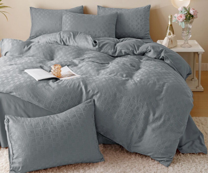 Lenjerie pat dublu, JACQUARD FINETAT, 6 piese, Jojo Home, Gri deschis