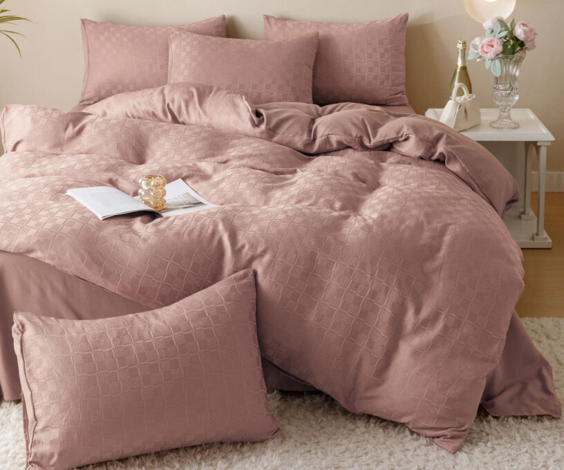 Lenjerie pat dublu, JACQUARD FINETAT, 6 piese, Jojo Home, Roz Pudra