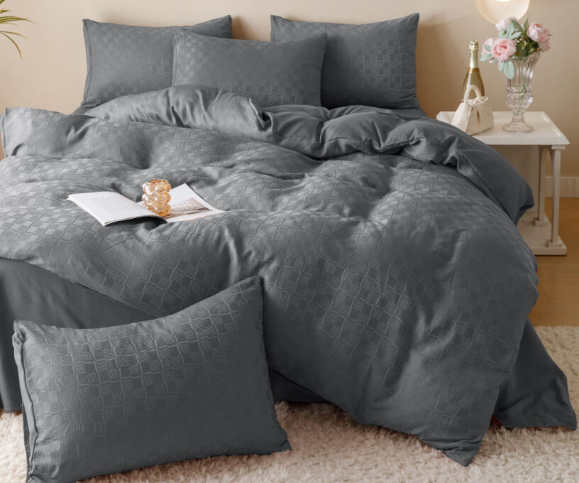 Lenjerie pat dublu, JACQUARD FINETAT, 6 piese, Jojo Home, Gri inchis