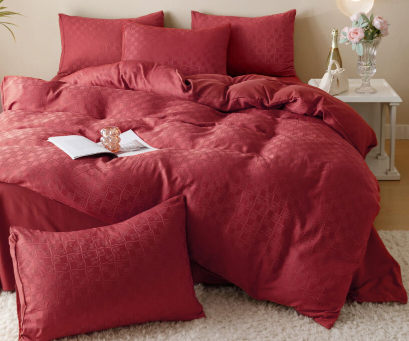 Lenjerie pat dublu, JACQUARD FINETAT, 6 piese, Jojo Home, Rosu