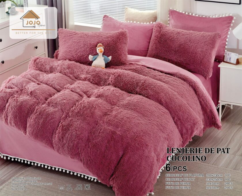 Lenjerie pat super pufoasa COCOLINO Fluffy cu ciucuri, 6 piese, PURPURIU
