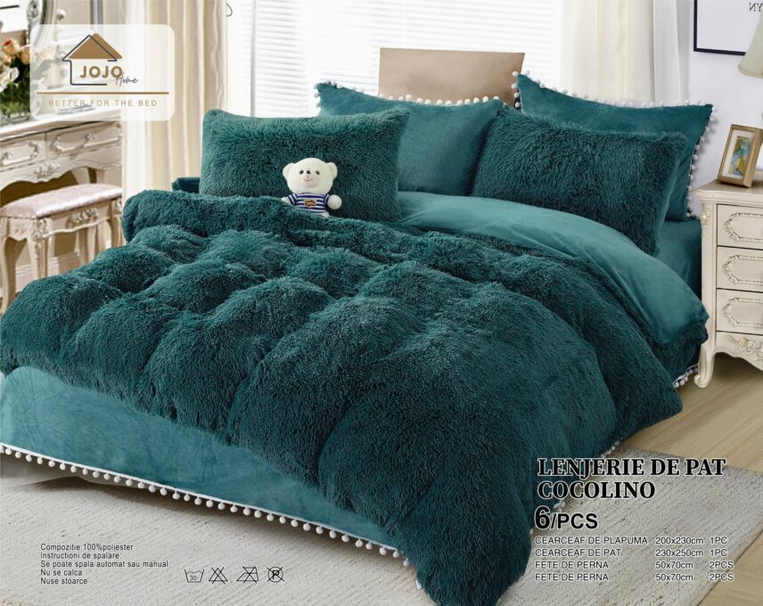 Lenjerie pat super pufoasa COCOLINO Fluffy cu ciucuri, 6 piese, VERDE INCHIS