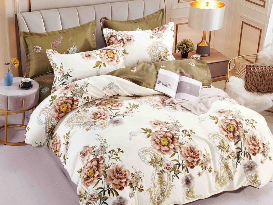 Lenjerie pat dublu, FINET, 6 piese, cu ELASTIC, Jojo Home, Crem, flori 1 Lenjerie pat dublu, FINET, 6 piese, cu ELASTIC, Jojo Home, Crem, flori