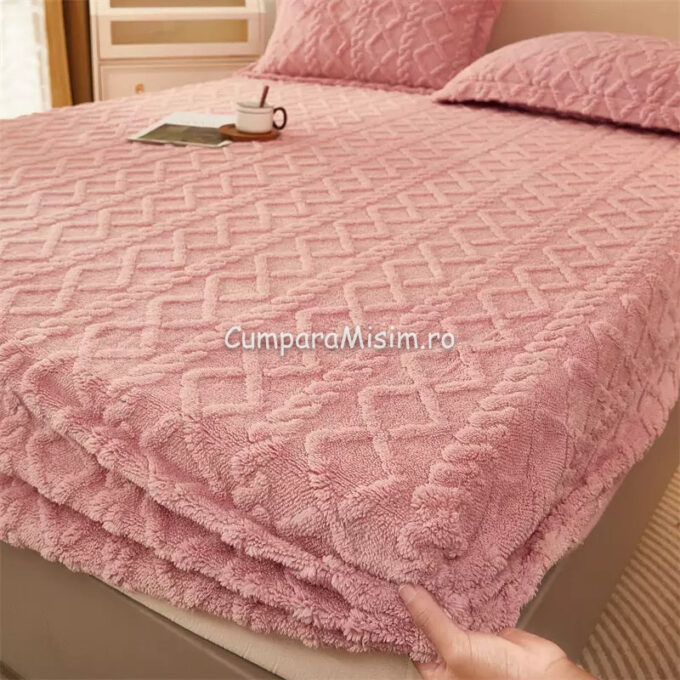 Cearsaf cu elastic COCOLINO, 180x200x25cm, 2 fete de perne, Jojo Home, model Tricotat, Roz