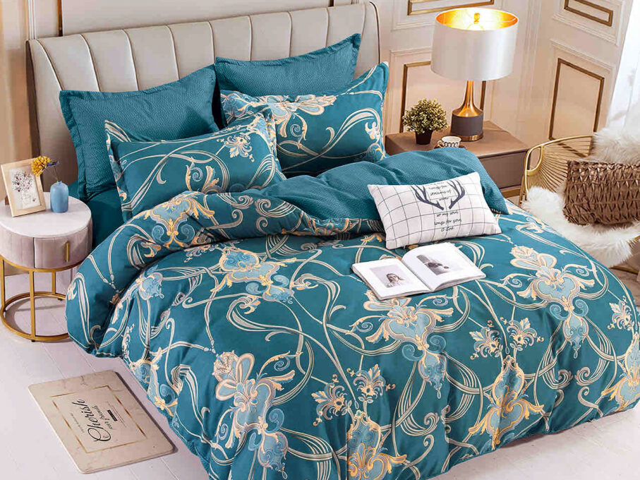 Lenjerie pat dublu, FINET, 6 piese, cu ELASTIC, Jojo Home, Turquoise-Bej, model elegant 1 Lenjerie pat dublu, FINET, 6 piese, cu ELASTIC, Jojo Home, Turquoise-Bej, model elegant