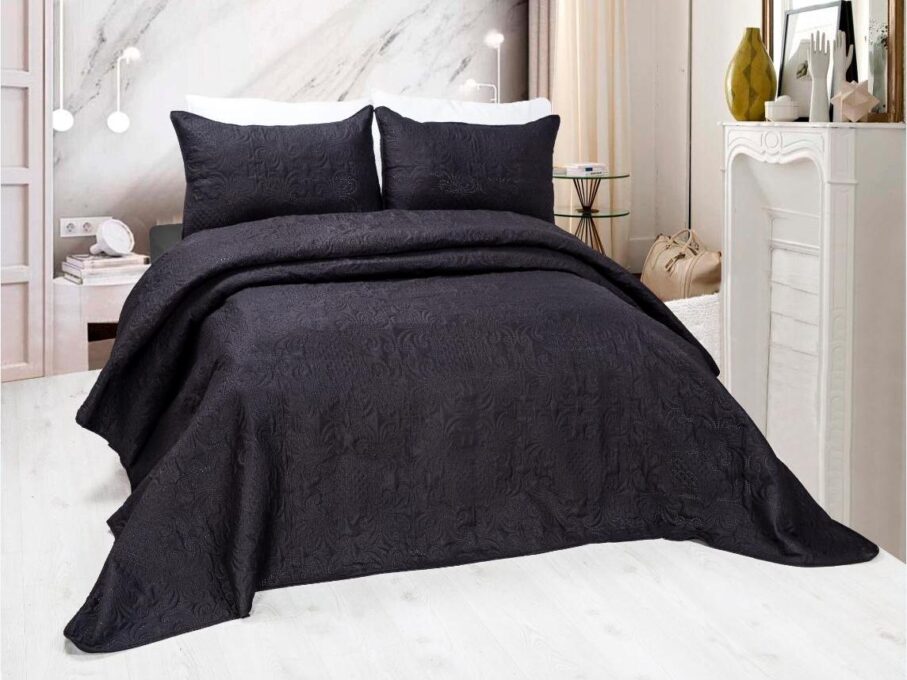 Cuvertura matlasata ultralux, negru, pentru pat dublu 220x240cm si 2 fete de perne 50x70