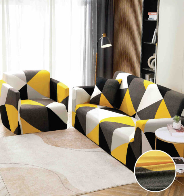 Husa Elastica Pentru Canapea 3 Locuri - L - Jojo Home, Galben-Gri, forme geometrice
