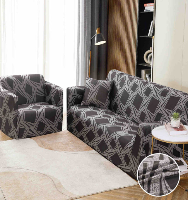 Husa Elastica Pentru Canapea 3 Locuri - L - Jojo Home, Gri, forme geometrice