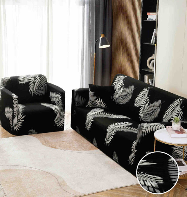 Husa Elastica Pentru Canapea 3 Locuri - L - Jojo Home, Negru, frunze
