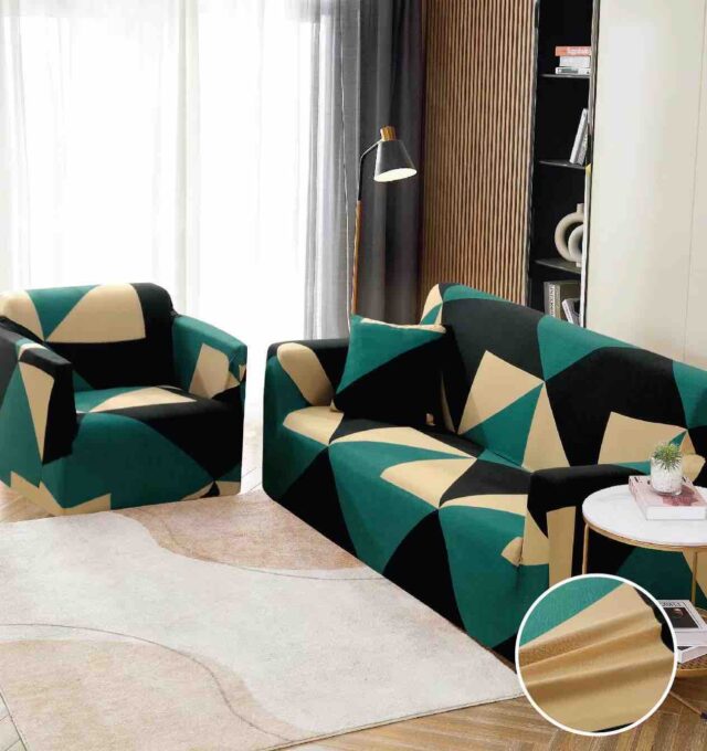 Husa Elastica Pentru Canapea 2 Locuri - M - Jojo Home, Verde-Negru, forme geometrice