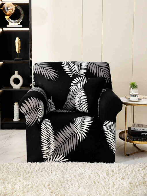 Husa Elastica Pentru fotoliu cu brate, Jojo Home, Negru-Alb, frunze